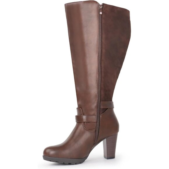 Women Brown Plus Size Extra Wide Calf High Heel Dress Boot With Ankle Buckle - Picture 4 of 5